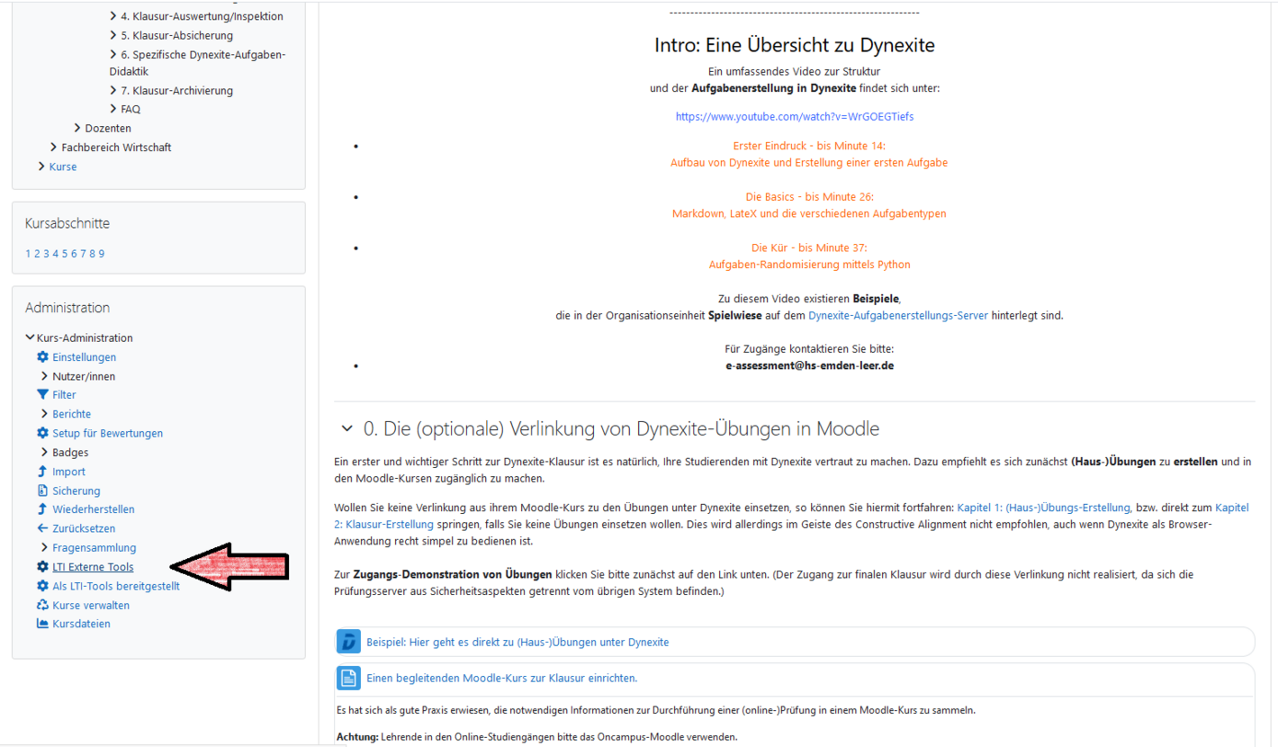 Dynexite zu Moodle Einbindung mittels LTI Connector