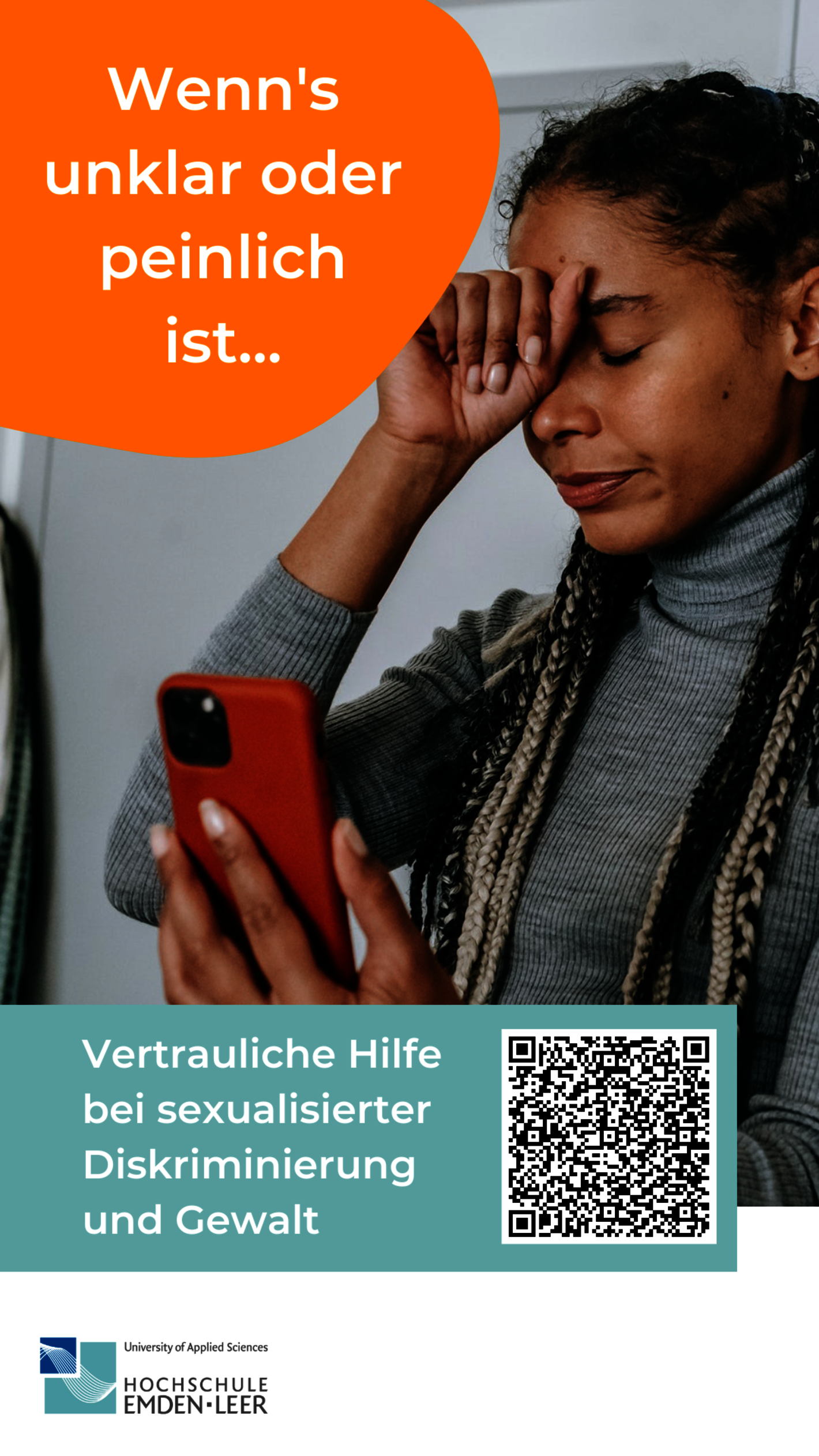 Frau mit Smartphone - Wenn's unklar oder peinlich ist... Vertrauliche Hilfe bei sexualisierter Diskriminierung und Gewalt