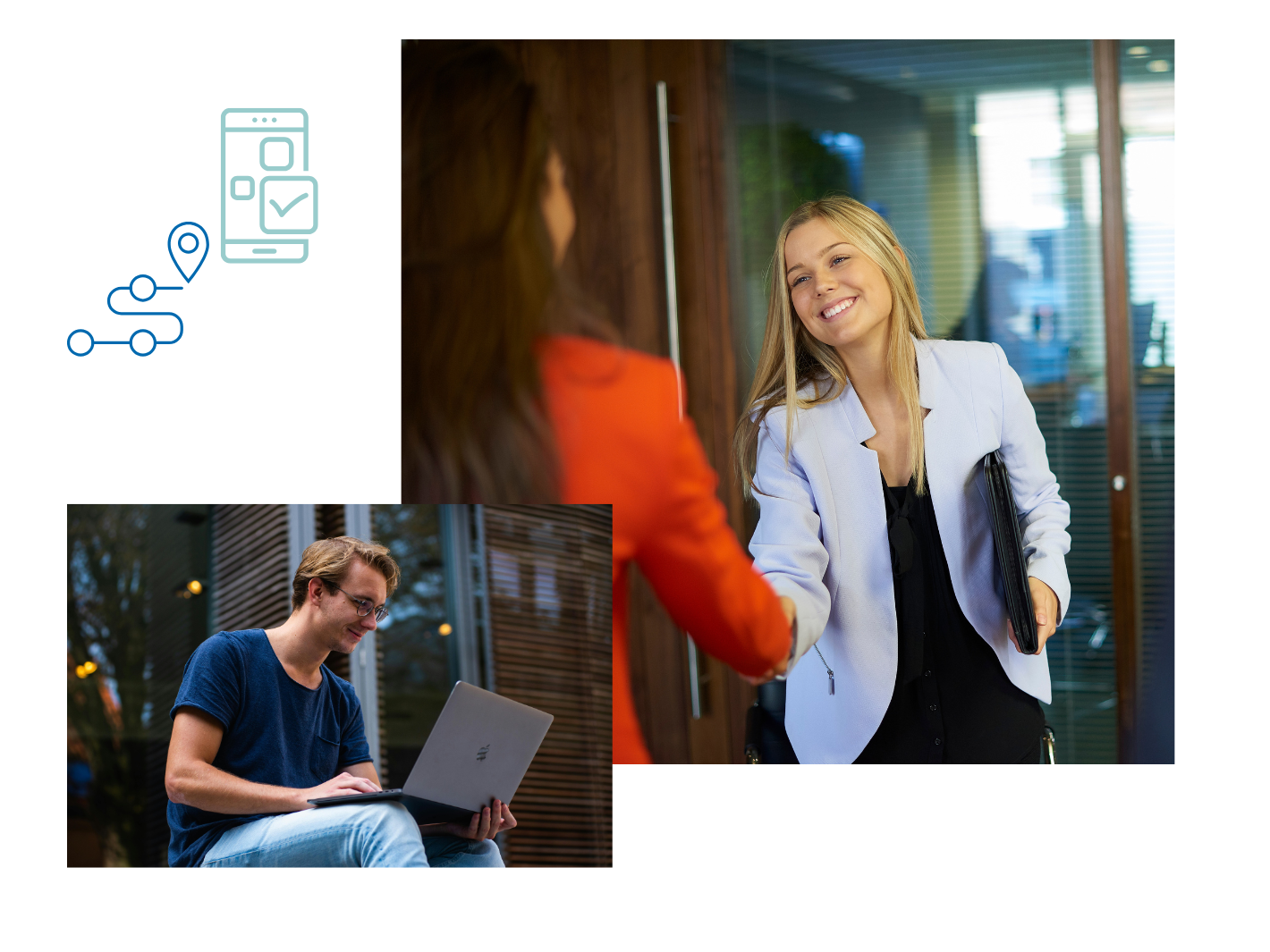 Zwei Bilder. Eine junge Frau, die einer anderen die Hand schüttelt, ein zweites von einem jungen Mann, der vor einem Laptop sitzt.