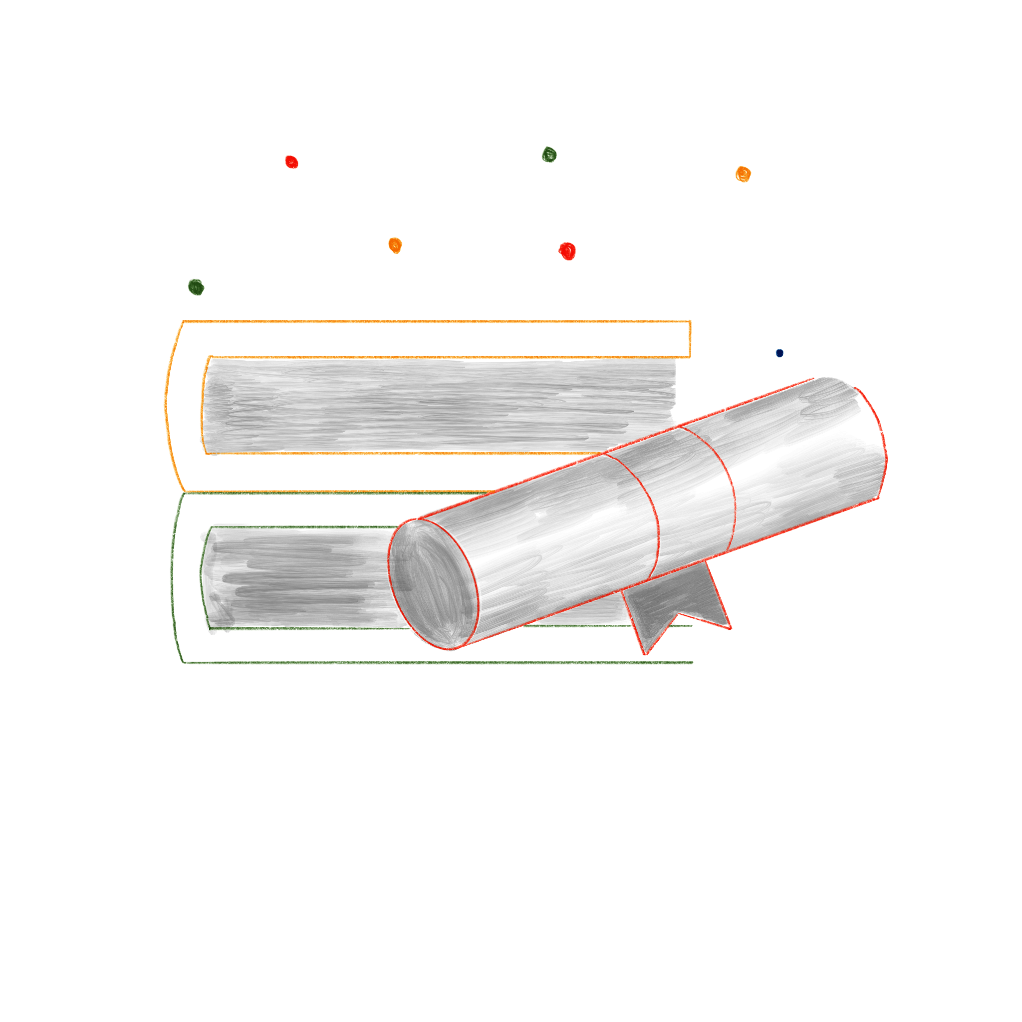 Illustration von Büchern und einer versiegelten Rolle, weiß auf blauem Hintergrund