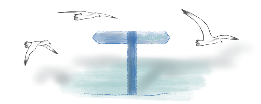 Ein gezeichnetes Wegweiser-Schild, das von Möwen umflogen wird.